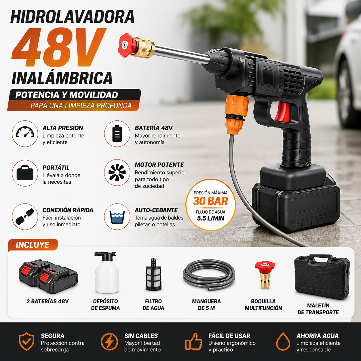Hidrolavadora Portátil Inalámbrica 48V